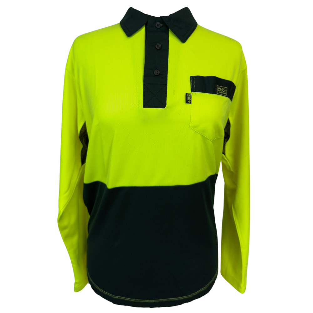 Workwear Fluro Yellow Polo UPF50+ sun shirts
for men, Sun Smart clothing, sun protection shirts, upf long sleeve shirt, uv protection long sleeve shirts