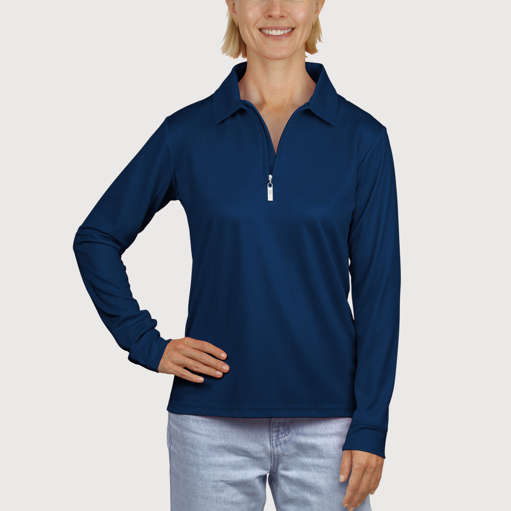 Ladies Long Sleeve Polo in Navy UPF50+ sun safe clothing, uv long sleeve shirt, fashionable protective uv clothing, sun protective clothing for women, sun protection shirts, sun safe clothing, women protection shirts uv