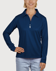 Ladies Long Sleeve Polo in Navy UPF50+ sun safe clothing, uv long sleeve shirt, fashionable protective uv clothing, sun protective clothing for women, sun protection shirts, sun safe clothing, women protection shirts uv