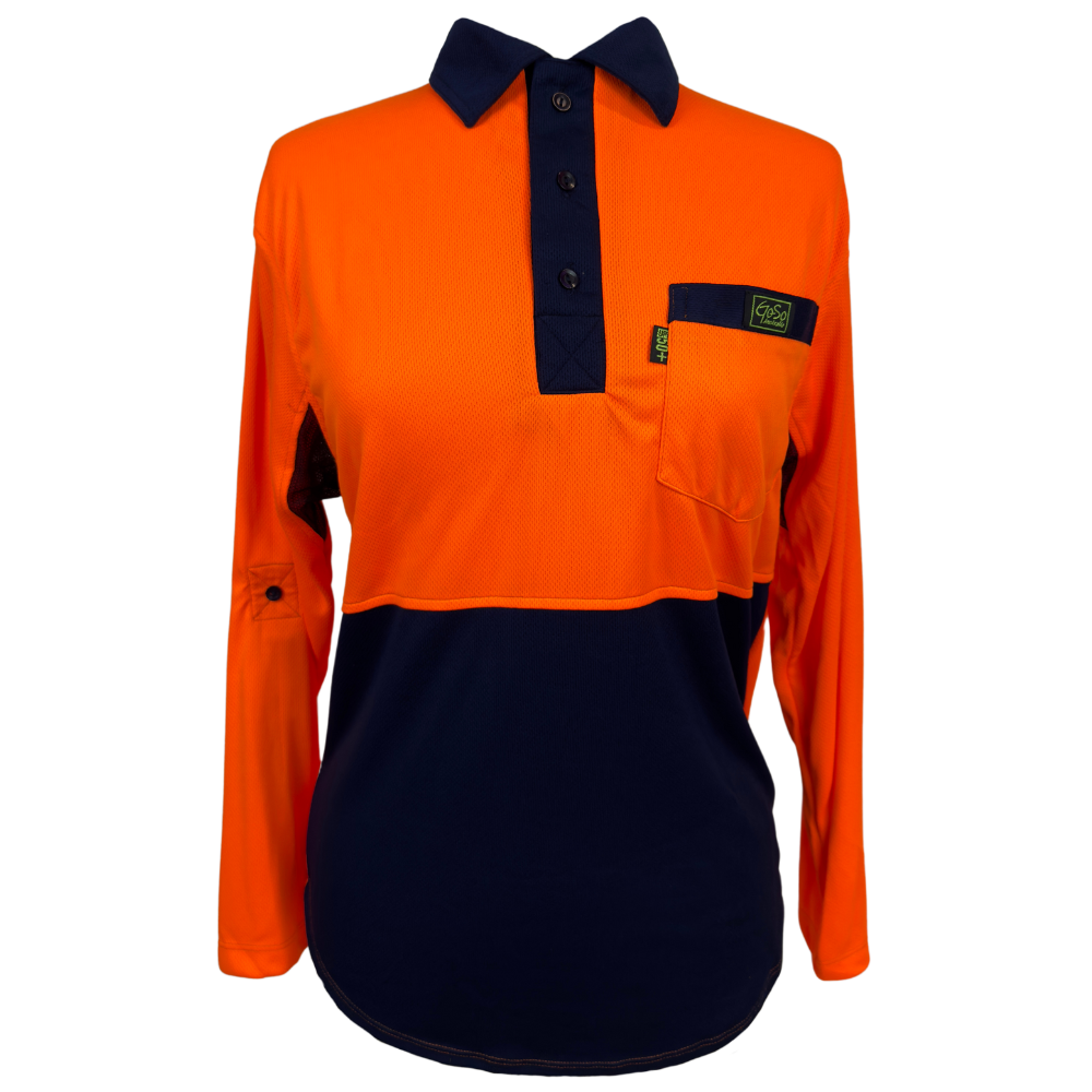 Workwear Fluro Orange Polo UPF50+ sun shirts
for men, Sun Smart clothing, sun protection shirts, upf long sleeve shirt, uv protection long sleeve shirts