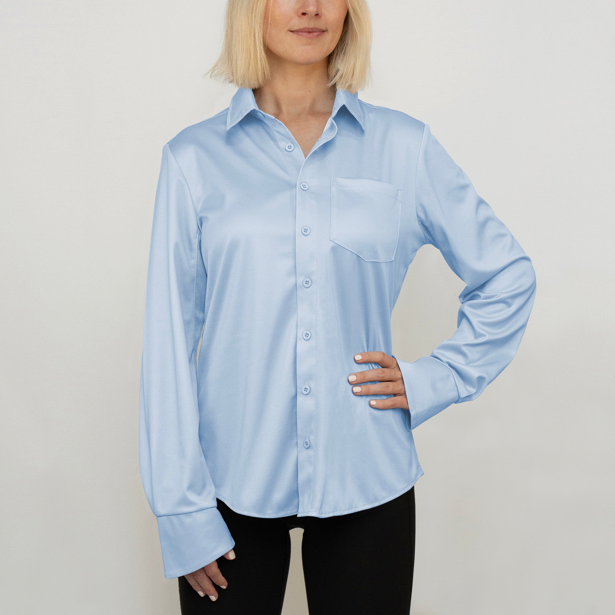 Ladies Outdoor Shirt Dusty Blue UPF50+ sun safe clothing, uv long sleeve shirt, fashionable protective uv clothing, sun protective clothing for women, sun shirts, sun protection shirts, sun safe clothing, women protection shirts uv