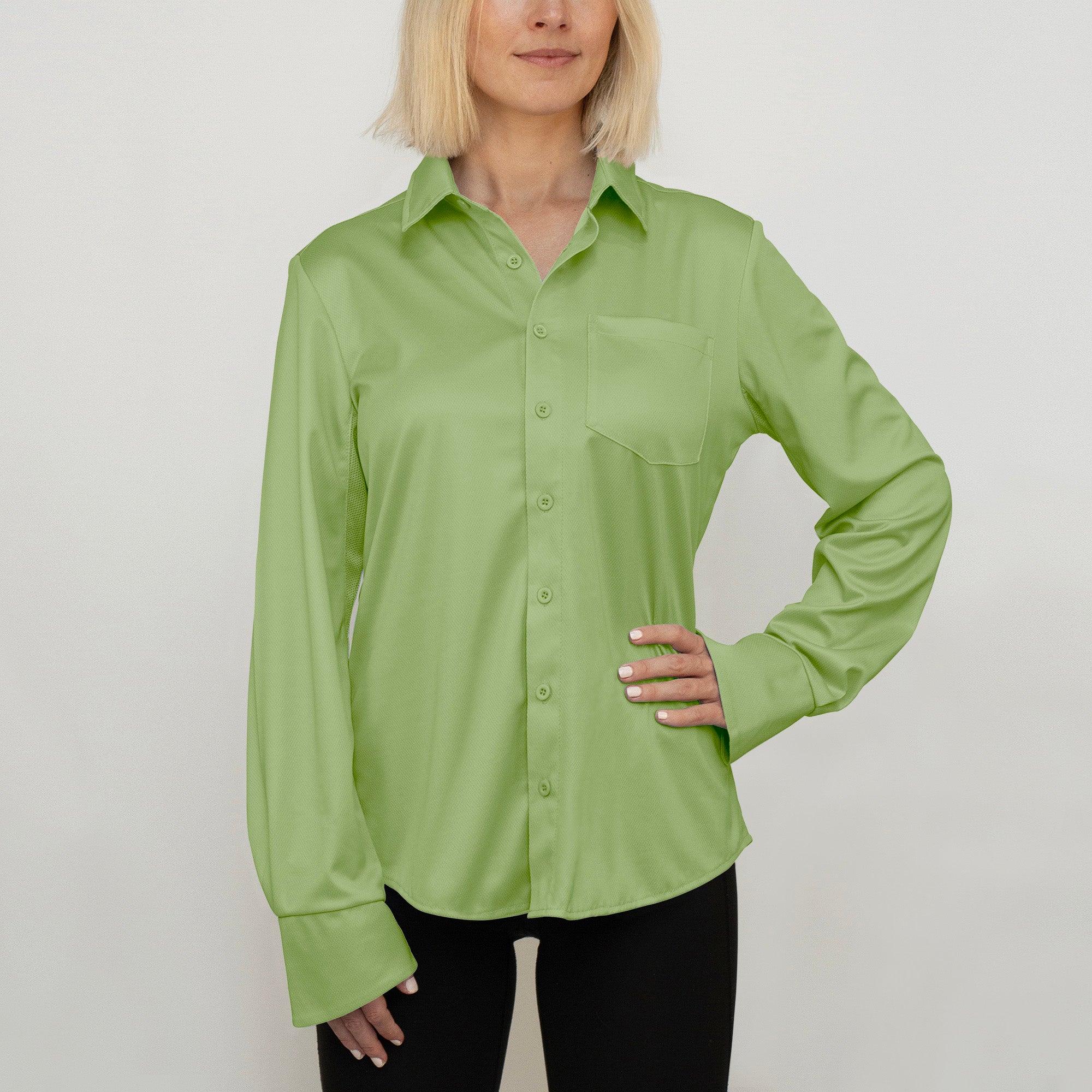 Ladies Outdoor Shirt Green Tea UPF50+ sun safe clothing, uv long sleeve shirt, fashionable protective uv clothing, sun protective clothing for women, sun shirts, sun protection shirts, sun safe clothing, women protection shirts uv