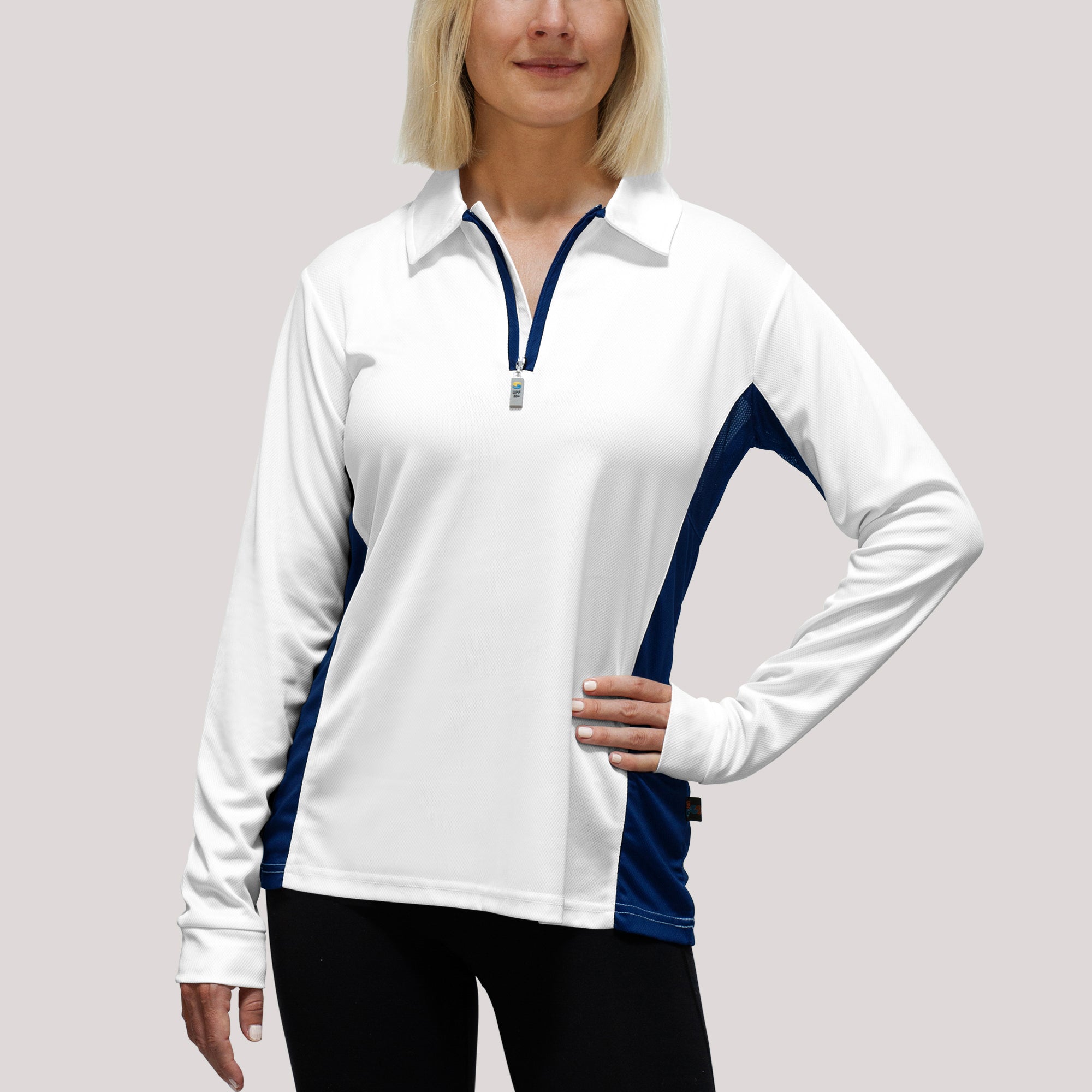 Ladies Polo with collar White UPF50+ protection uv jacket, sun safe clothing, uv long sleeve shirt, fashionable protective uv clothing, sun protective clothing for women, sun protection shirts, sun safe clothing, women protection shirts uv