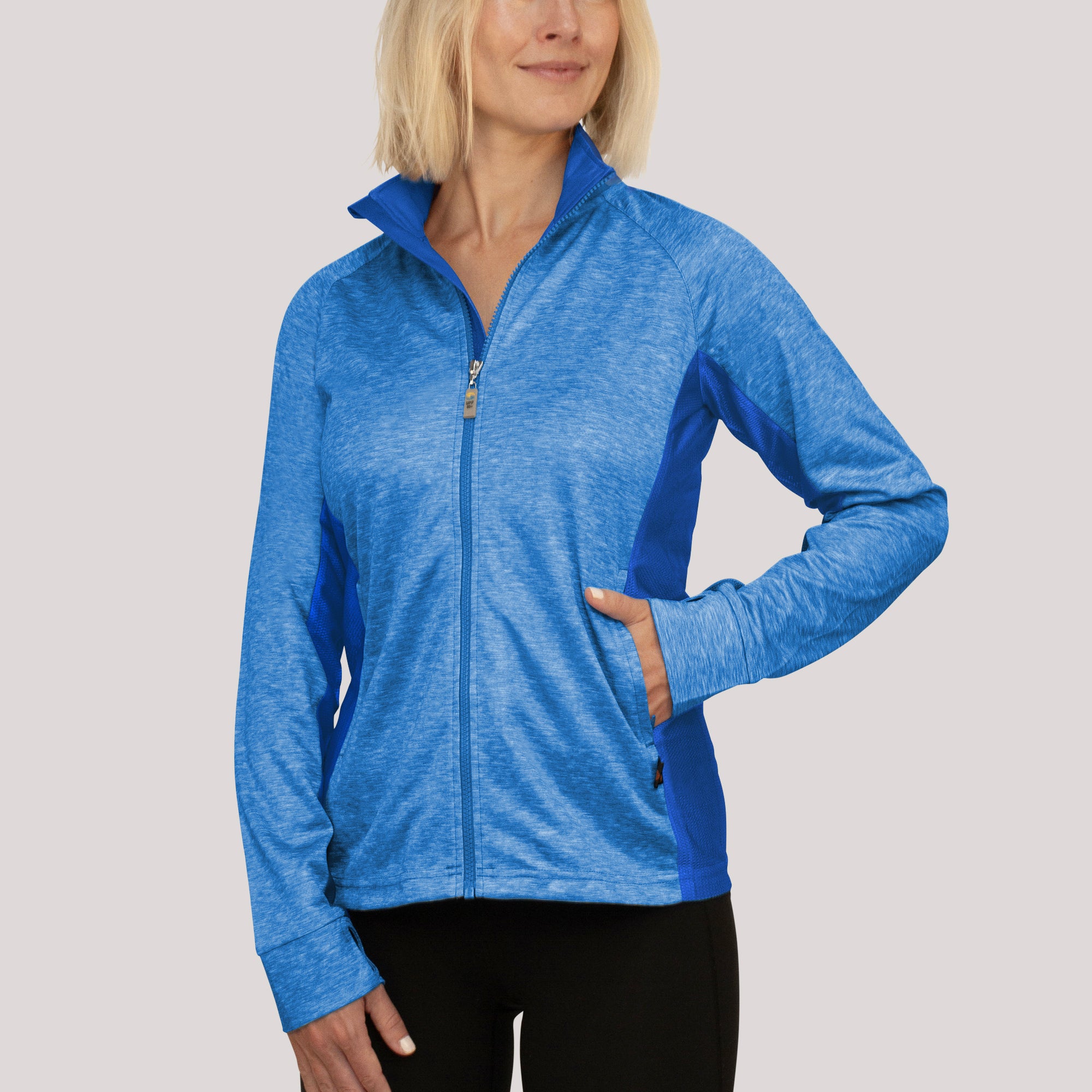 Ladies Zipped Jacket Marine Mottled UPF50+ protection uv jacket, sun safe clothing, uv long sleeve shirt, fashionable protective uv clothing, sun protective clothing for women, sun protection shirts, sun safe clothing, women protection shirts uv
