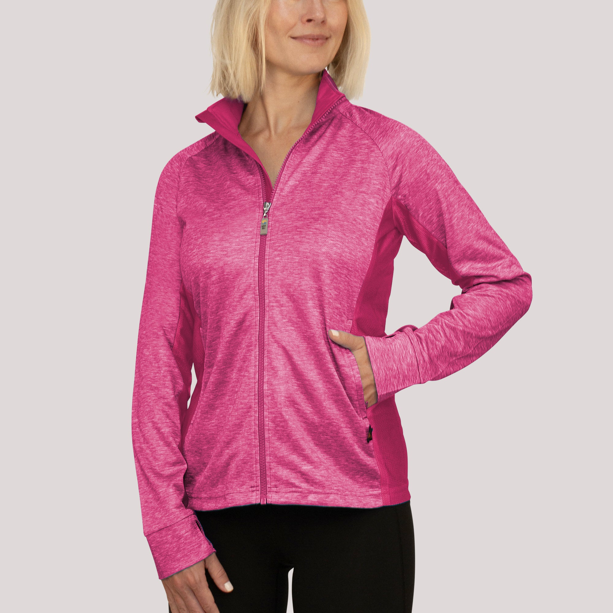 Ladies Zipped Jacket Pink Mottled UPF50+ protection uv jacket, sun safe clothing, uv long sleeve shirt, fashionable protective uv clothing, sun protective clothing for women, sun protection shirts, sun safe clothing, women protection shirts uv