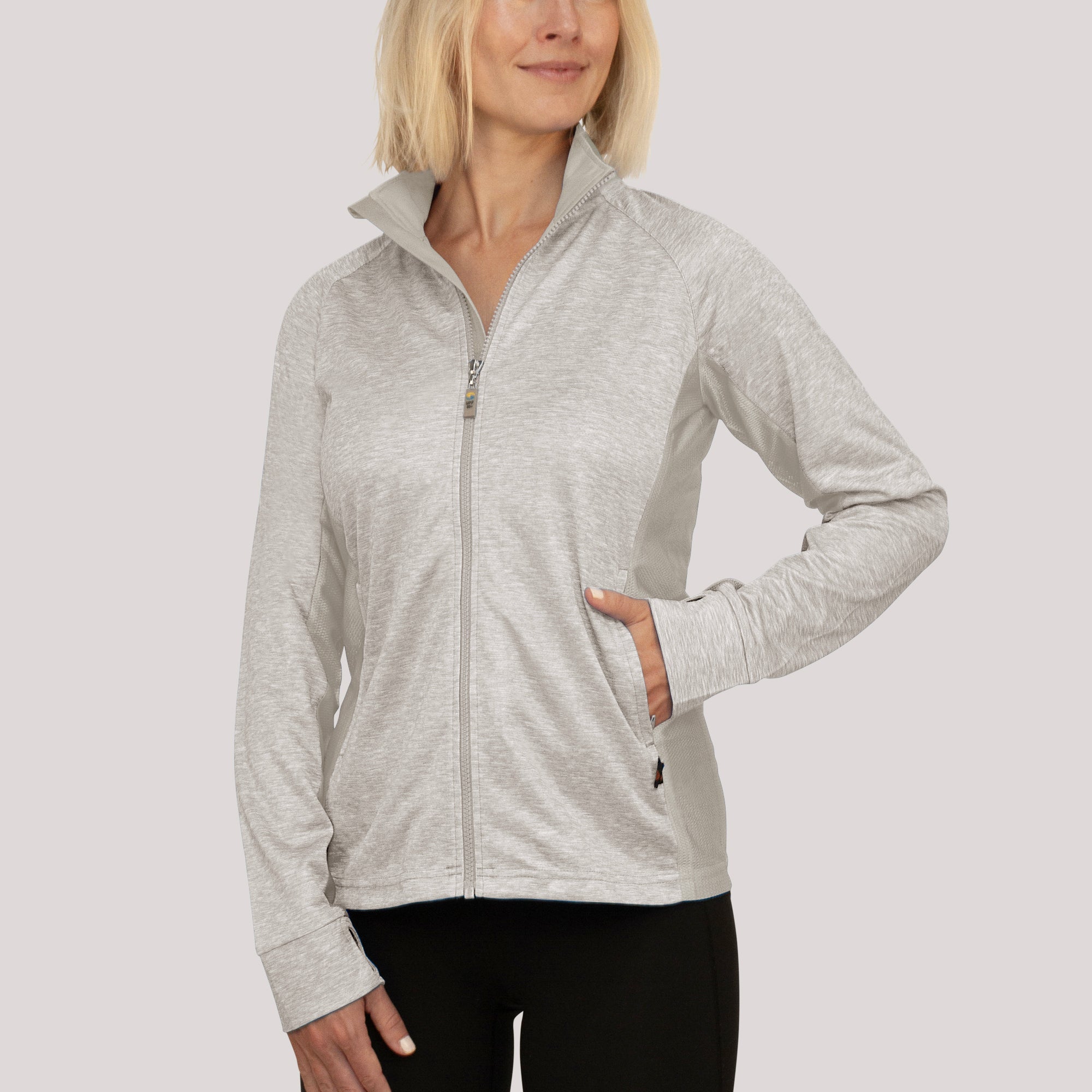 Ladies Zipped Jacket Silver Mottled UPF50+ protection uv jacket, sun safe clothing, uv long sleeve shirt, fashionable protective uv clothing, sun protective clothing for women, sun protection shirts, sun safe clothing, women protection shirts uv