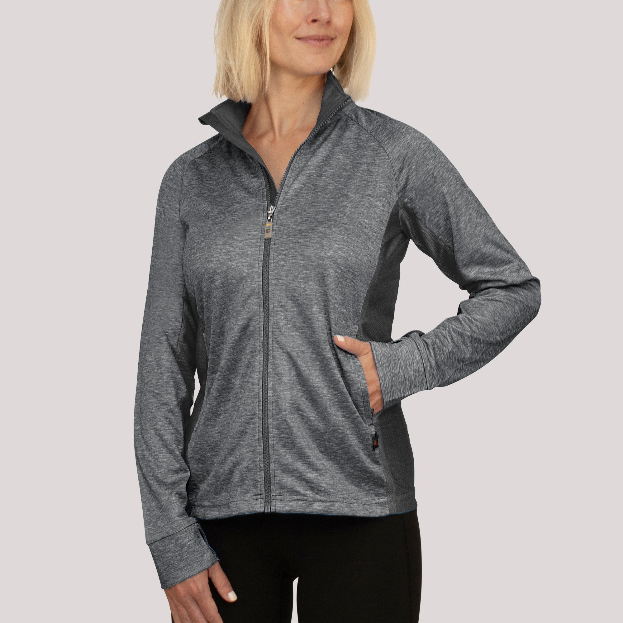 Ladies Zipped Jacket Slate Mottled UPF50+ protection uv jacket, sun safe clothing, uv long sleeve shirt, fashionable protective uv clothing, sun protective clothing for women, sun protection shirts, sun safe clothing, women protection shirts uv
