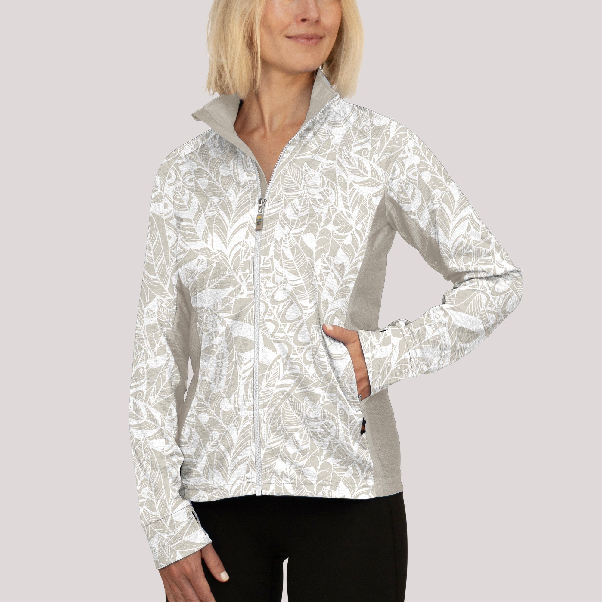 Ladies Zipped Jacket Oatmeal Print UPF50+ protection uv jacket, sun safe clothing, uv long sleeve shirt, fashionable protective uv clothing, sun protective clothing for women, sun protection shirts, sun safe clothing, women protection shirts uv