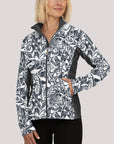 Ladies Zipped Jacket Charcoal Print UPF50+ protection uv jacket, sun safe clothing, uv long sleeve shirt, fashionable protective uv clothing, sun protective clothing for women, sun protection shirts, sun safe clothing, women protection shirts uv