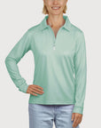 Ladies Long Sleeve Polo in Mint UPF50+ sun safe clothing, uv long sleeve shirt, fashionable protective uv clothing, sun protective clothing for women, sun protection shirts, sun safe clothing, women protection shirts uv