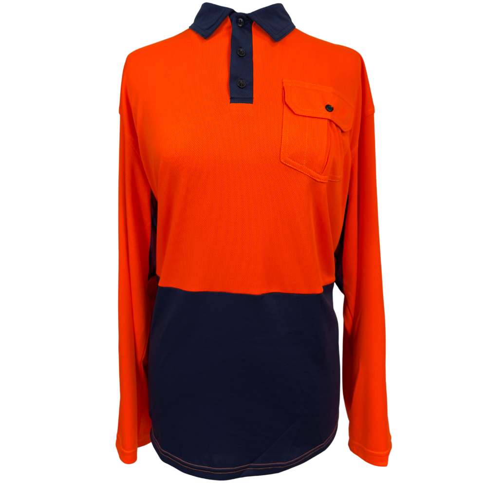 Workwear Fluro Orange Polo UPF50+ sun shirts
for men, Sun Smart clothing, sun protection shirts, upf long sleeve shirt, uv protection long sleeve shirts