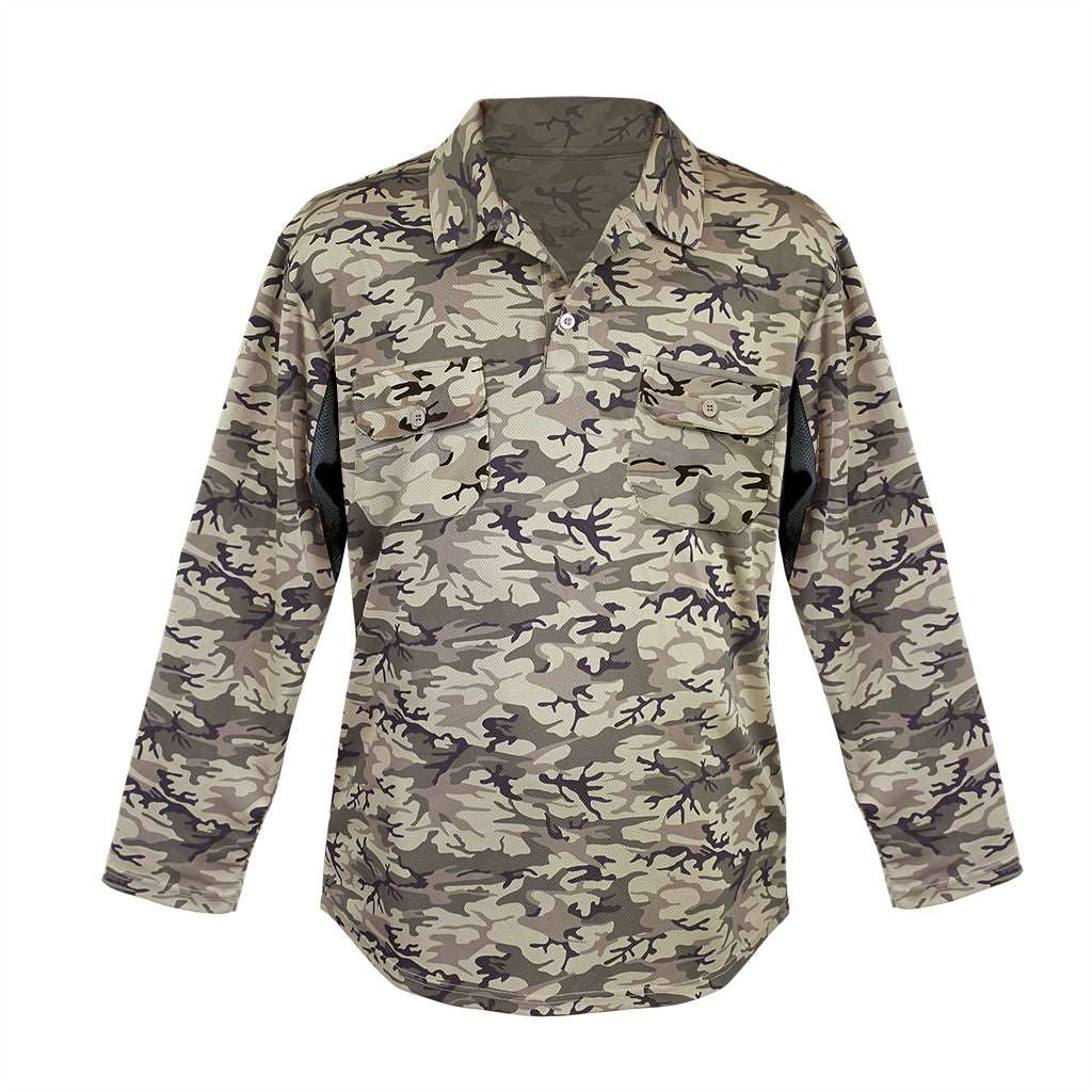 Polo Sand Camo UPF50+ sun safe clothing, sun shirts, uv arm sleeves, sun protection shirts, upf long sleeved shirts, uv long sleeved shirts, sun safe clothing