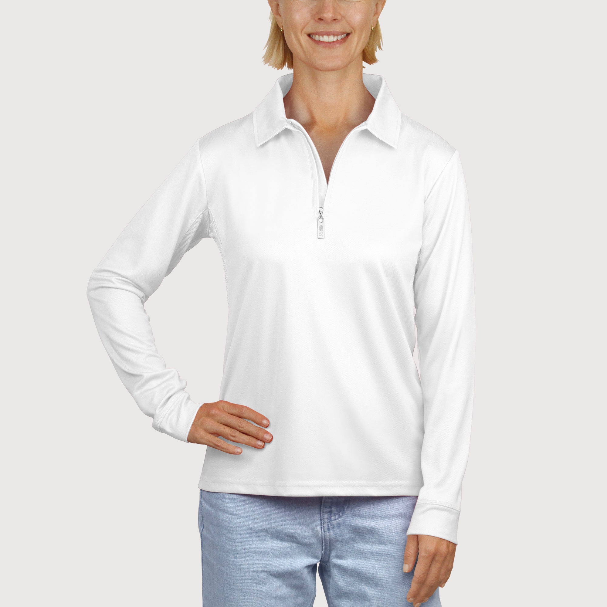 Ladies Long Sleeve Polo with White UPF50+ sun safe clothing, uv long sleeve shirt, fashionable protective uv clothing, sun protective clothing for women, sun protection shirts, sun safe clothing, women protection shirts uv