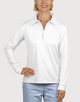 Ladies Long Sleeve Polo with White UPF50+ sun safe clothing, uv long sleeve shirt, fashionable protective uv clothing, sun protective clothing for women, sun protection shirts, sun safe clothing, women protection shirts uv