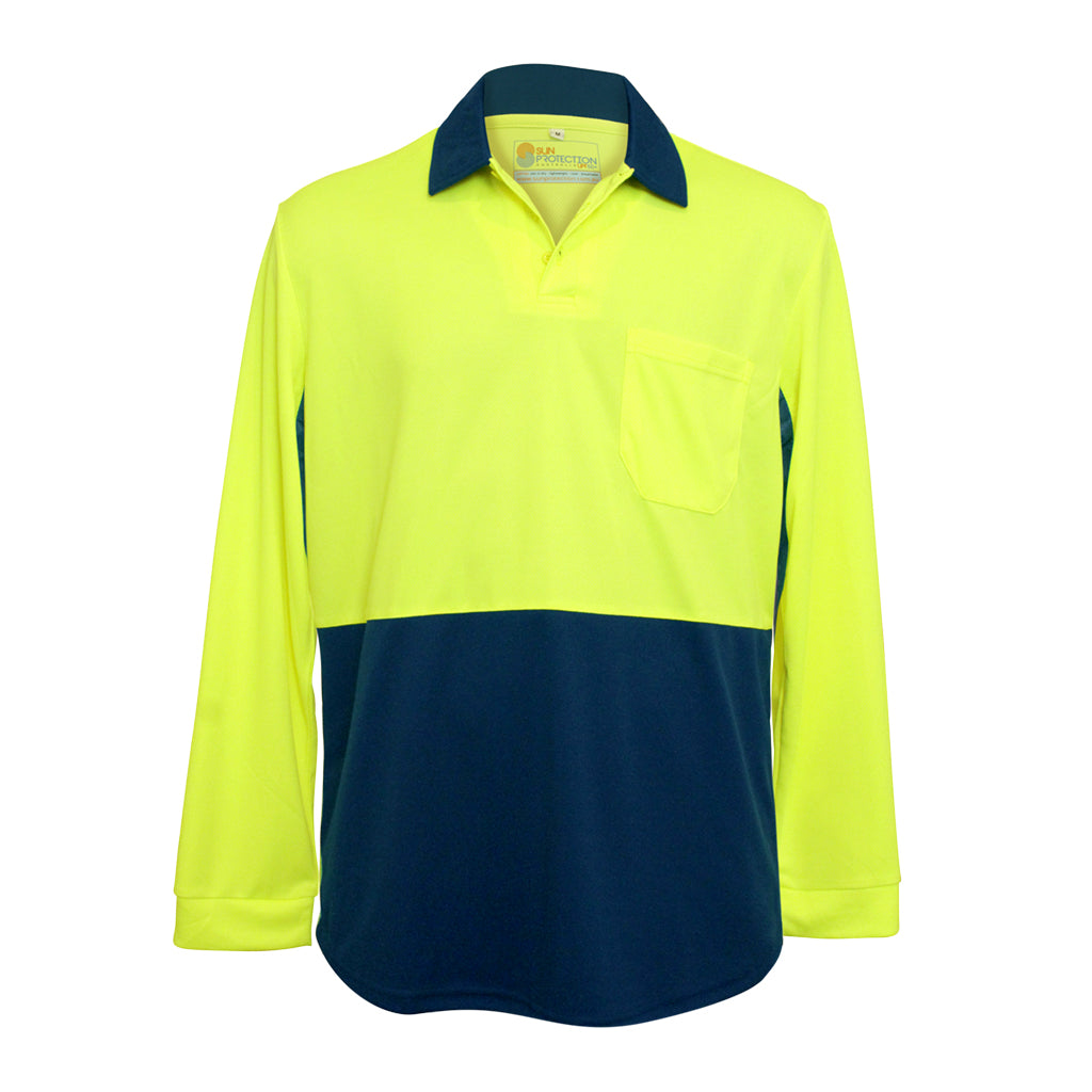 Workwear Fluro Yellow Polo UPF50+ sun shirts
for men, Sun Smart clothing, sun protection shirts, upf long sleeve shirt, uv protection long sleeve shirts