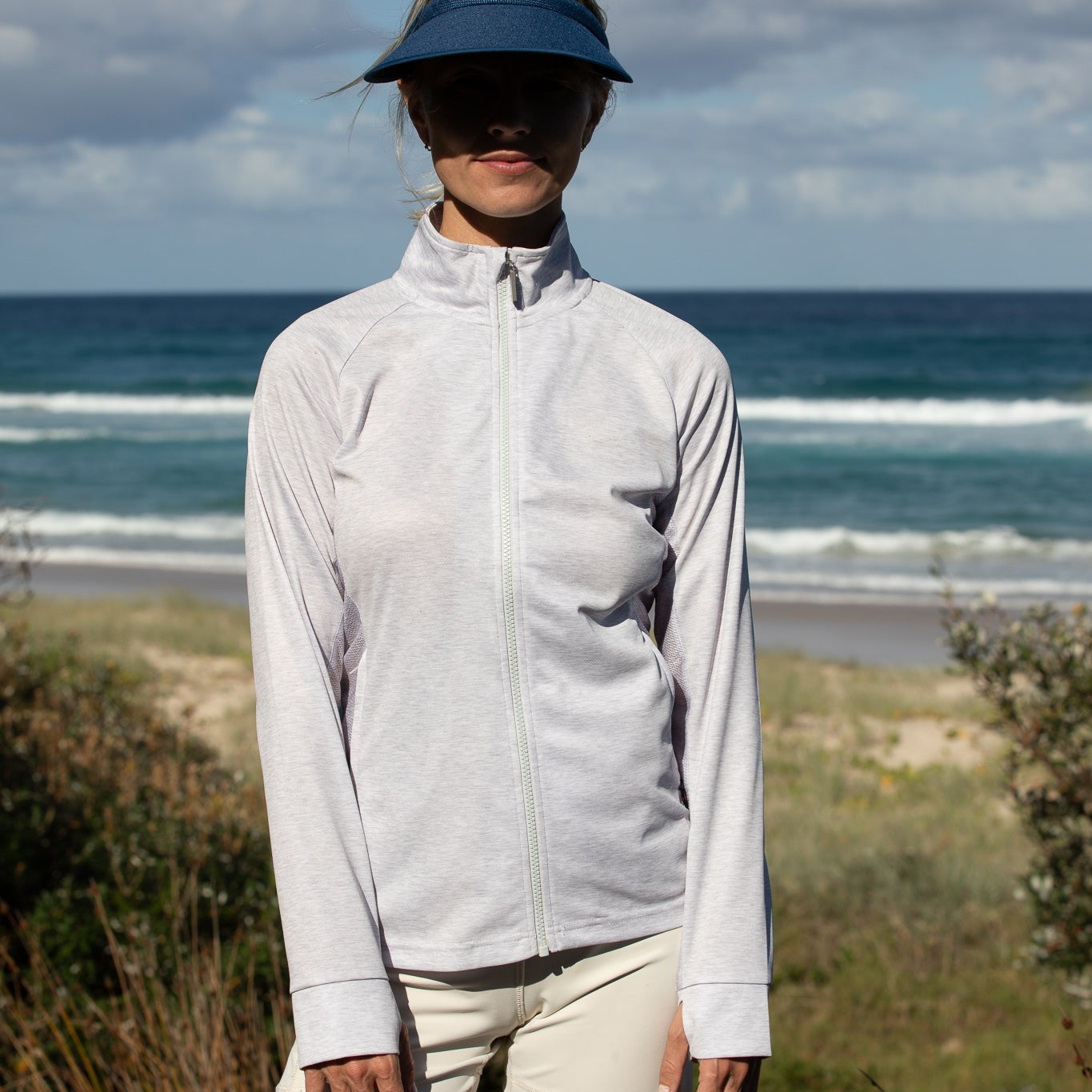 Ladies Zipped Jacket Silver Mottled UPF50+ protection uv jacket, sun safe clothing, uv long sleeve shirt, fashionable protective uv clothing, sun protective clothing for women, sun protection shirts, sun safe clothing, women protection shirts uv