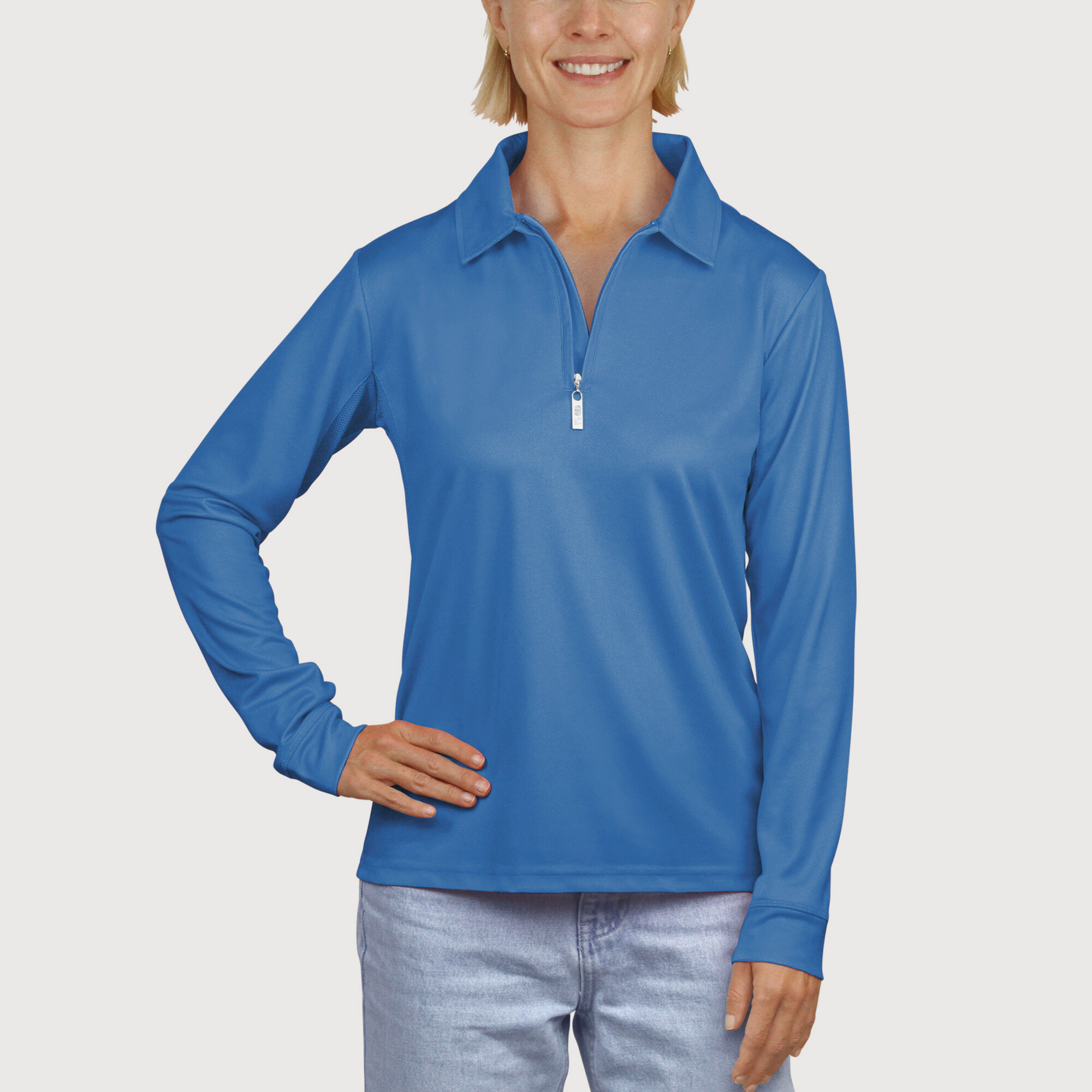 Ladies Long Sleeve Polo in glaze blue  UPF50+ sun safe clothing, uv long sleeve shirt, fashionable protective uv clothing, sun protective clothing for women, sun protection shirts, sun safe clothing, women protection shirts uv