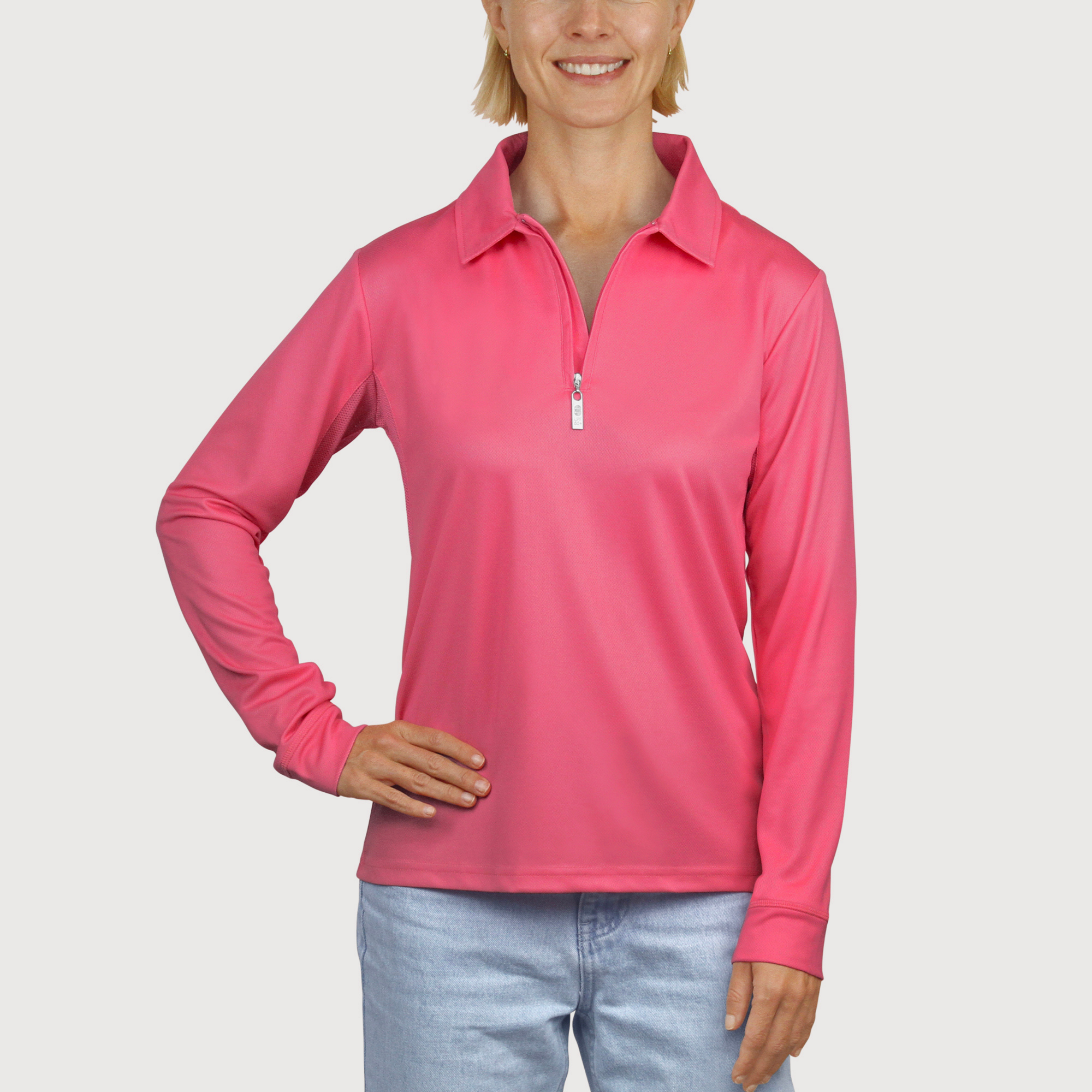 Ladies Long Sleeve Polo in Pink UPF50+ sun safe clothing, uv long sleeve shirt, fashionable protective uv clothing, sun protective clothing for women, sun protection shirts, sun safe clothing, women protection shirts uv