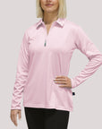 Ladies Long Sleeve Polo with Pretty in Pink UPF50+ sun safe clothing, uv long sleeve shirt, fashionable protective uv clothing, sun protective clothing for women, sun protection shirts, sun safe clothing, women protection shirts uv