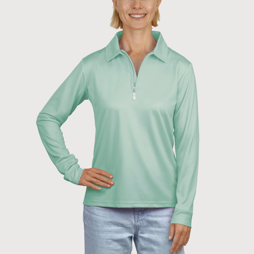 Ladies Long Sleeve Polo in Mint UPF50+ sun safe clothing, uv long sleeve shirt, fashionable protective uv clothing, sun protective clothing for women, sun protection shirts, sun safe clothing, women protection shirts uv