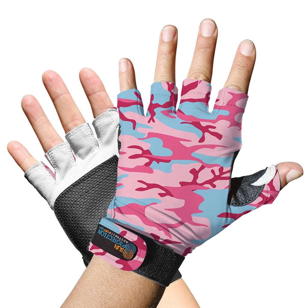 Sports Gloves Pink Camo UPF50+ buy fingerless gloves, gloves without fingers, half finger gloves, fingerless cycling gloves, fingerless driving gloves