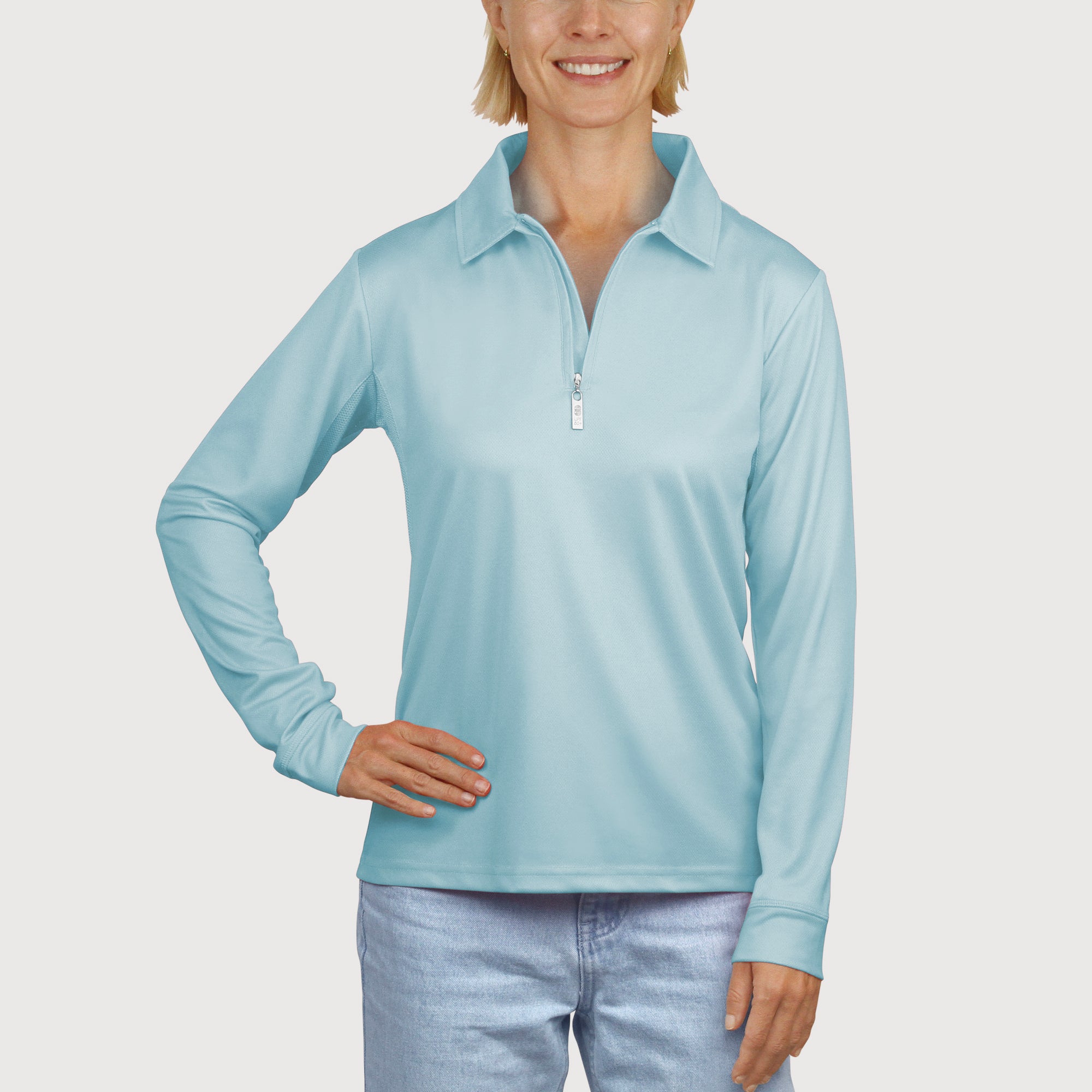 Ladies Long Sleeve Polo in Mint UPF50+ sun safe clothing, uv long sleeve shirt, fashionable protective uv clothing, sun protective clothing for women, sun protection shirts, sun safe clothing, women protection shirts uv