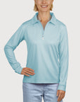 Ladies Long Sleeve Polo in Mint UPF50+ sun safe clothing, uv long sleeve shirt, fashionable protective uv clothing, sun protective clothing for women, sun protection shirts, sun safe clothing, women protection shirts uv
