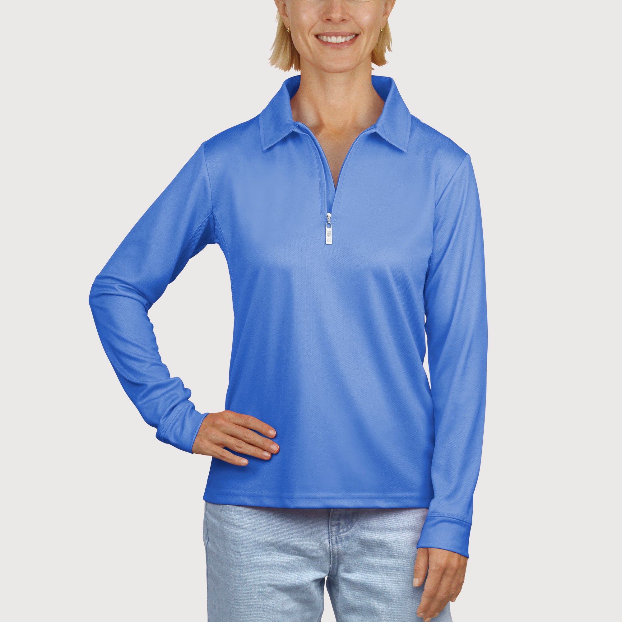 Ladies Long Sleeve Polo in glaze blue  UPF50+ sun safe clothing, uv long sleeve shirt, fashionable protective uv clothing, sun protective clothing for women, sun protection shirts, sun safe clothing, women protection shirts uv