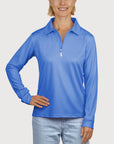Ladies Long Sleeve Polo in glaze blue  UPF50+ sun safe clothing, uv long sleeve shirt, fashionable protective uv clothing, sun protective clothing for women, sun protection shirts, sun safe clothing, women protection shirts uv