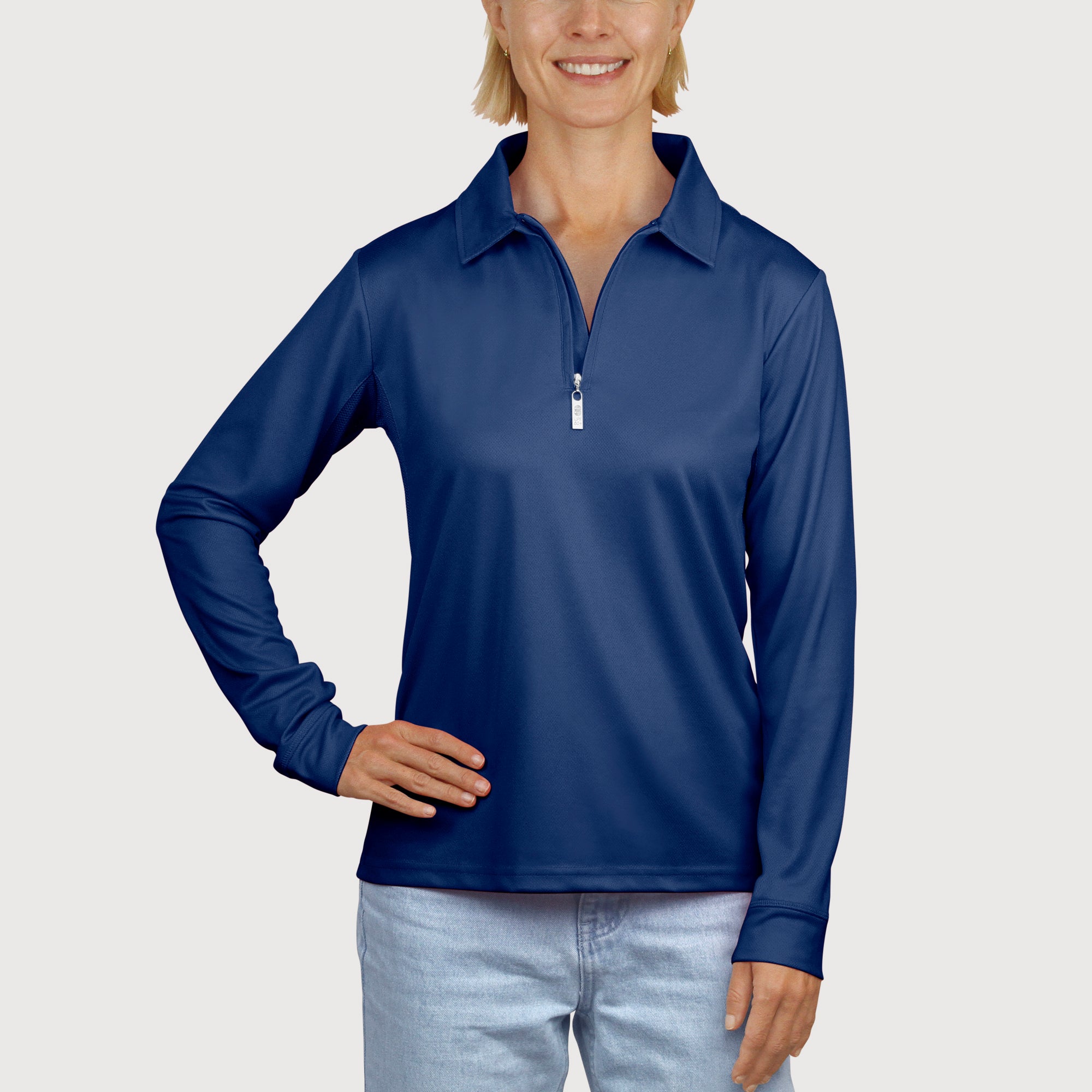 Ladies Long Sleeve Polo in Navy UPF50+ sun safe clothing, uv long sleeve shirt, fashionable protective uv clothing, sun protective clothing for women, sun protection shirts, sun safe clothing, women protection shirts uv