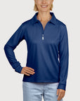 Ladies Long Sleeve Polo in Navy UPF50+ sun safe clothing, uv long sleeve shirt, fashionable protective uv clothing, sun protective clothing for women, sun protection shirts, sun safe clothing, women protection shirts uv