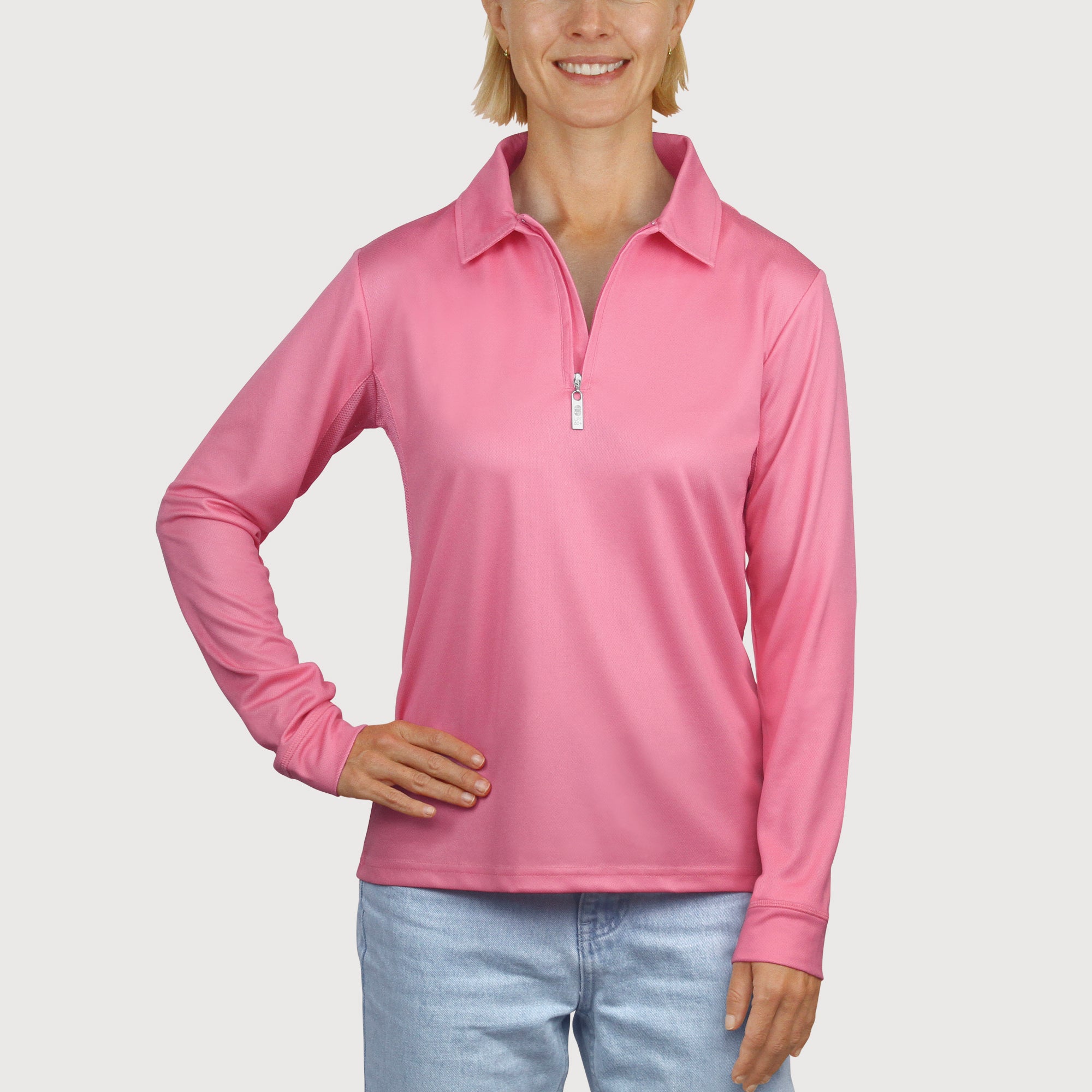 Ladies Long Sleeve Polo in Pink UPF50+ sun safe clothing, uv long sleeve shirt, fashionable protective uv clothing, sun protective clothing for women, sun protection shirts, sun safe clothing, women protection shirts uv