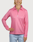Ladies Long Sleeve Polo in Pink UPF50+ sun safe clothing, uv long sleeve shirt, fashionable protective uv clothing, sun protective clothing for women, sun protection shirts, sun safe clothing, women protection shirts uv
