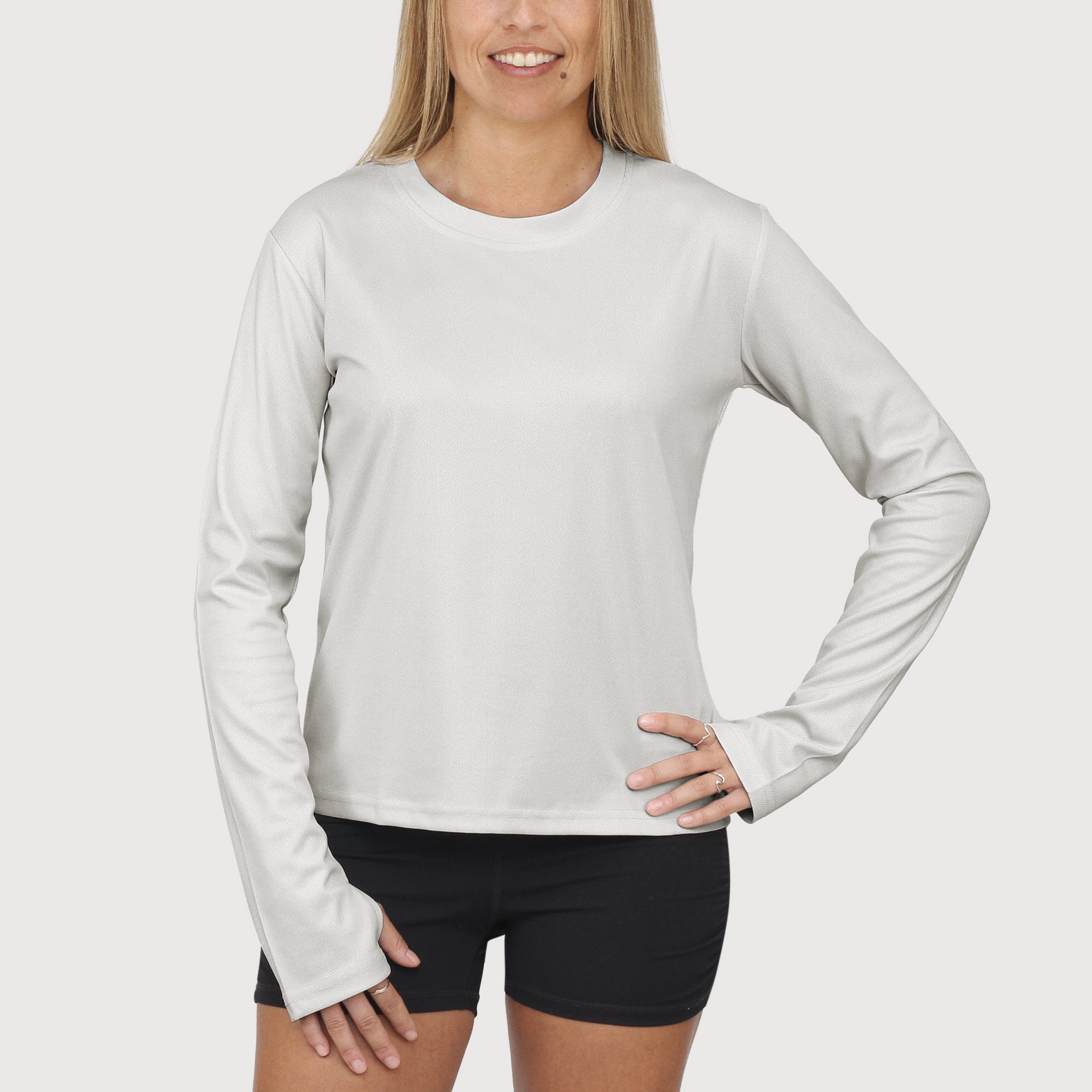 Ladies Long Sleeve Tee in Oyster  UPF50+ sun safe clothing, uv long sleeve shirt, fashionable protective uv clothing, sun protective clothing for women, sun protection shirts, sun safe clothing, women protection shirts uv