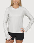 Ladies Long Sleeve Tee in Oyster  UPF50+ sun safe clothing, uv long sleeve shirt, fashionable protective uv clothing, sun protective clothing for women, sun protection shirts, sun safe clothing, women protection shirts uv
