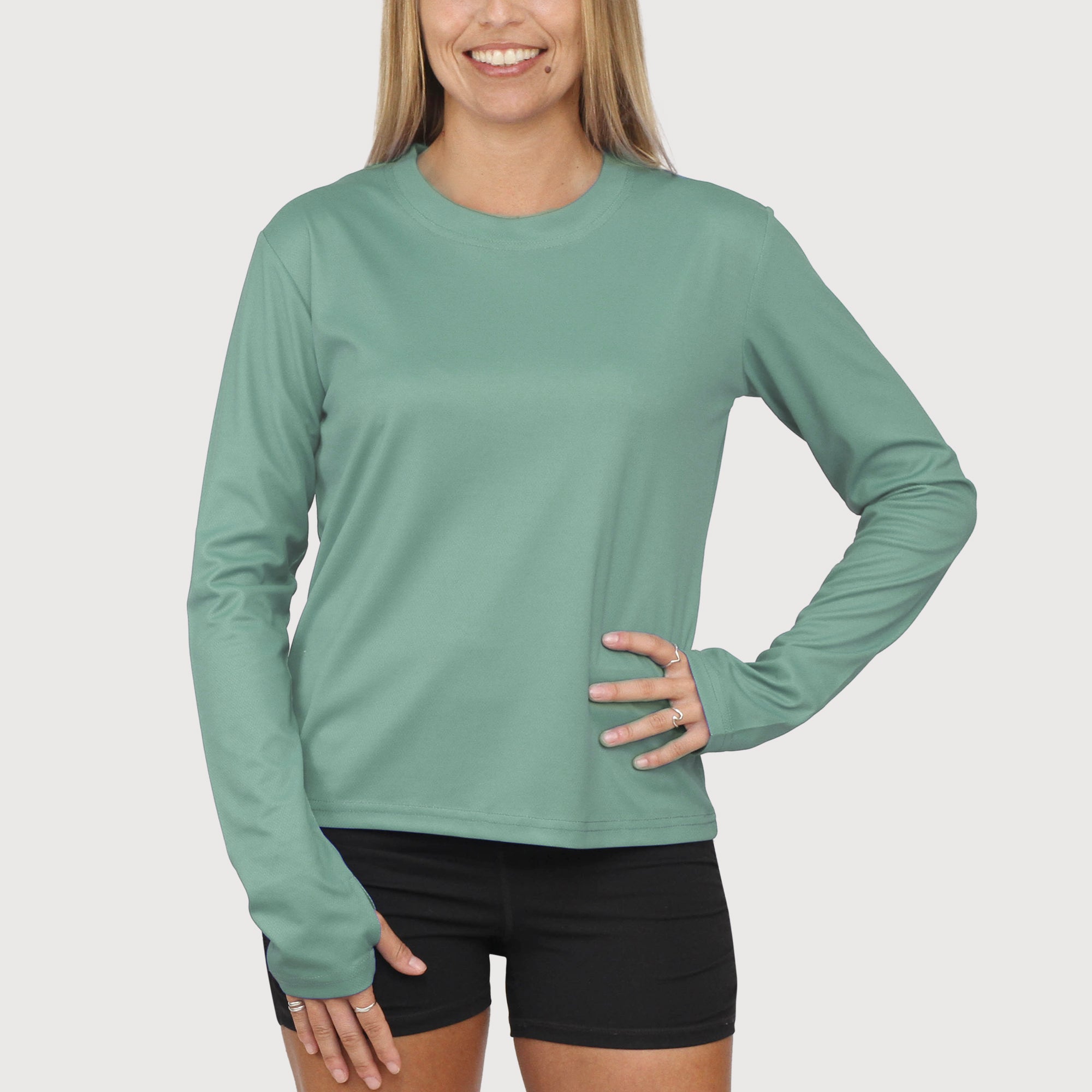 Ladies Long Sleeve Tee in Sea Glass  UPF50+ sun safe clothing, uv long sleeve shirt, fashionable protective uv clothing, sun protective clothing for women, sun protection shirts, sun safe clothing, women protection shirts uv