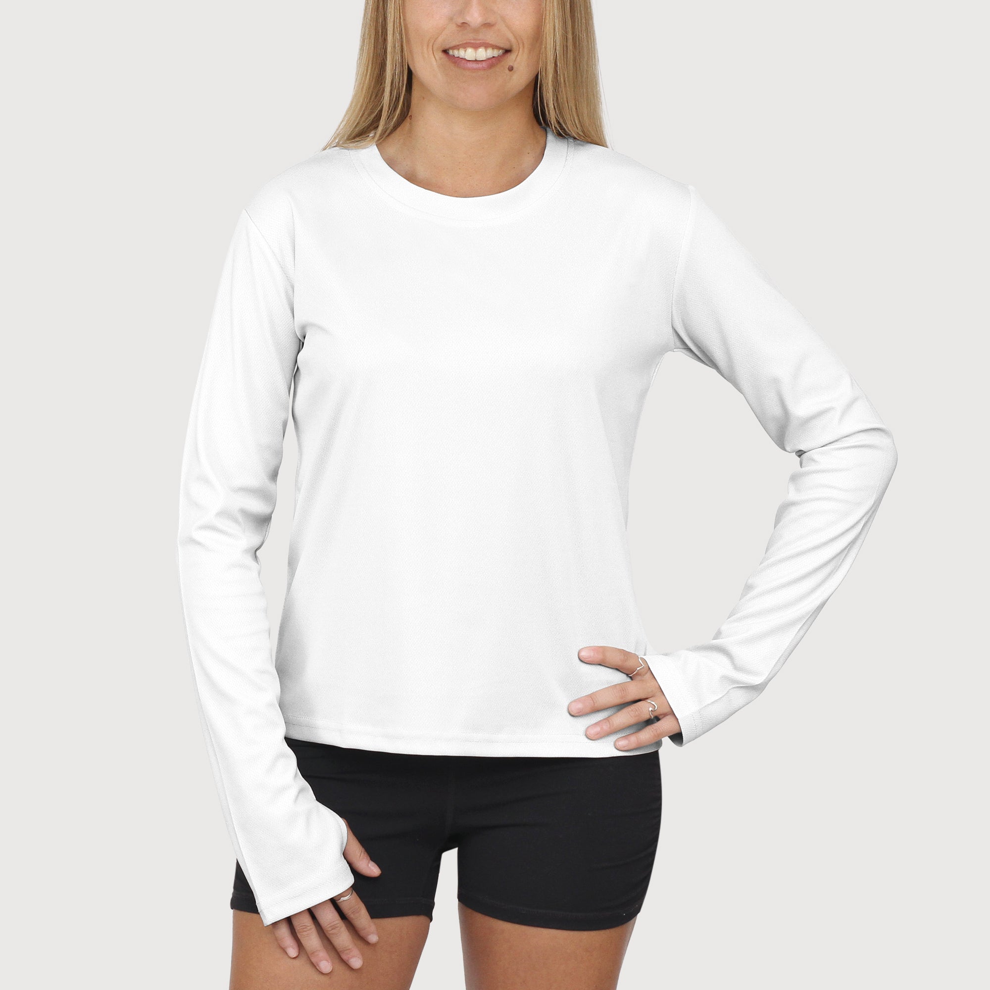 Ladies Long Sleeve Tee in White UPF50+ sun safe clothing, uv long sleeve shirt, fashionable protective uv clothing, sun protective clothing for women, sun protection shirts, sun safe clothing, women protection shirts uv