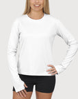 Ladies Long Sleeve Tee in White UPF50+ sun safe clothing, uv long sleeve shirt, fashionable protective uv clothing, sun protective clothing for women, sun protection shirts, sun safe clothing, women protection shirts uv